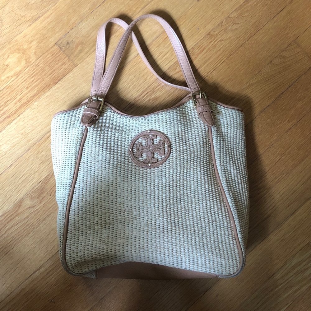 Tory Burch Beige Woven Tote with Leather Trim and Logo